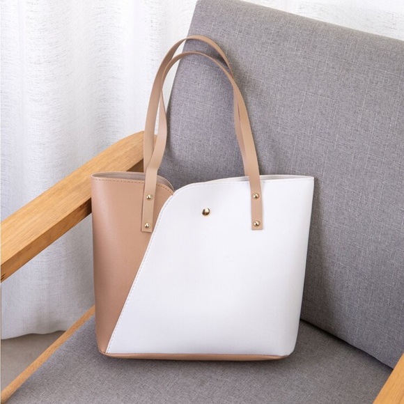 Handbags - ⚠️Clearance White And Brown Color Block Shoulder Tote Bag